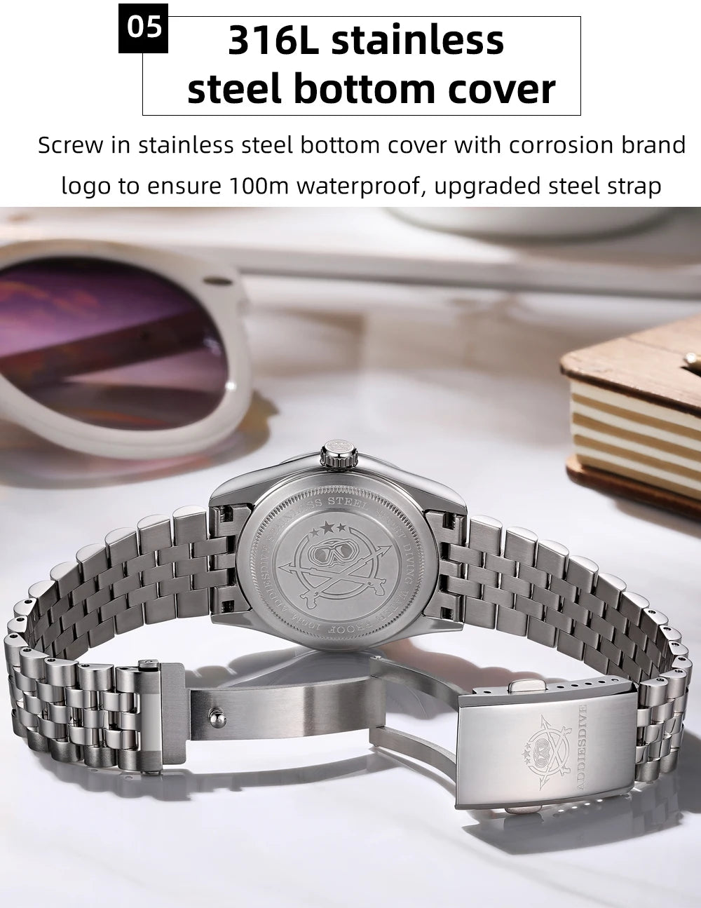 Relógio masculino novo ADDIESDIVE AD2073, vidro de safira, 36mm, VH31, quartz, efeito sunburst, 10Bar, impermeável para mergulho, luminoso
