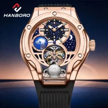 Montre mécanique pour homme HANBORO – Mouvement automatique, alarme, sonnerie horaire, étanche jusqu'à 100 m, verre saphir, boîtier en acier, style élégant et unique.