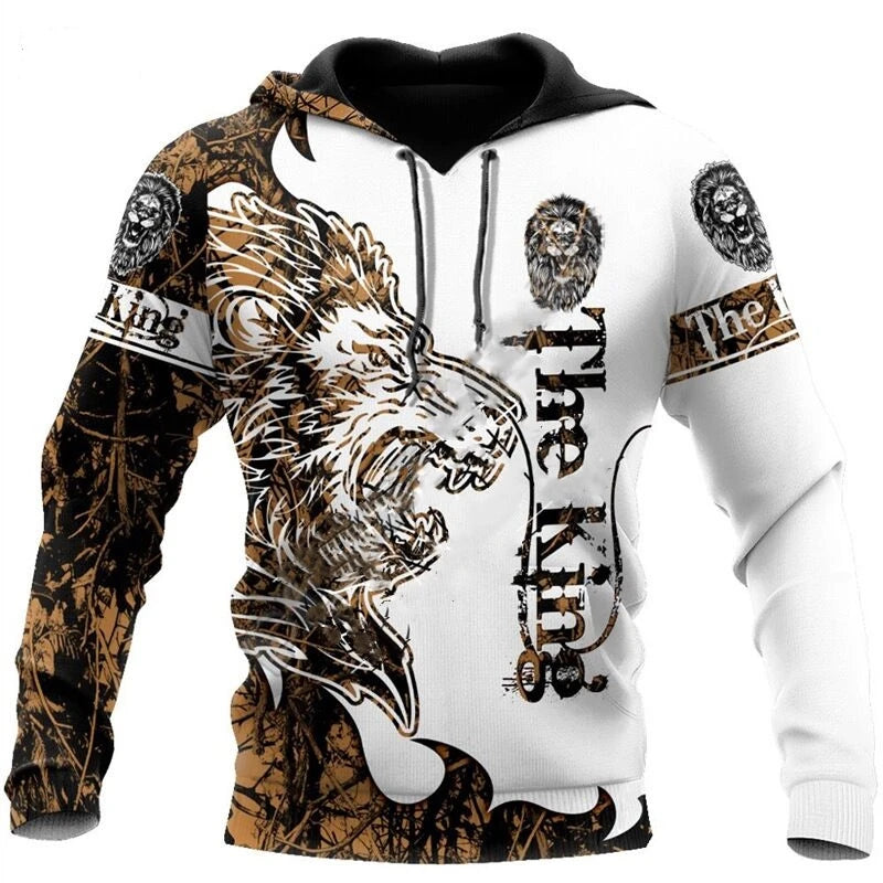 Hoodies de Outono com Leão e Lobo, Pele de Tigre Branco, Impressão 3D Integral, Sweatshirt de Homem Unissexo com Fecho, Casaco Casual de Pulôver