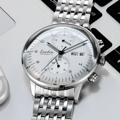 Mens Business Watch Mechanical Movement Multifunction Chronograph Stainless Steel Waterproof Automatic Calendar Sapphire