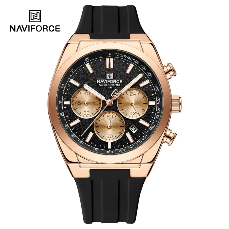 Pánské náramkové hodinky NAVIFORCE – luxusní a sportovní styl, quartzový strojek, 24hodinový displej, okénko s datem, chronograf, vodotěsné – tip na dárek pro muže