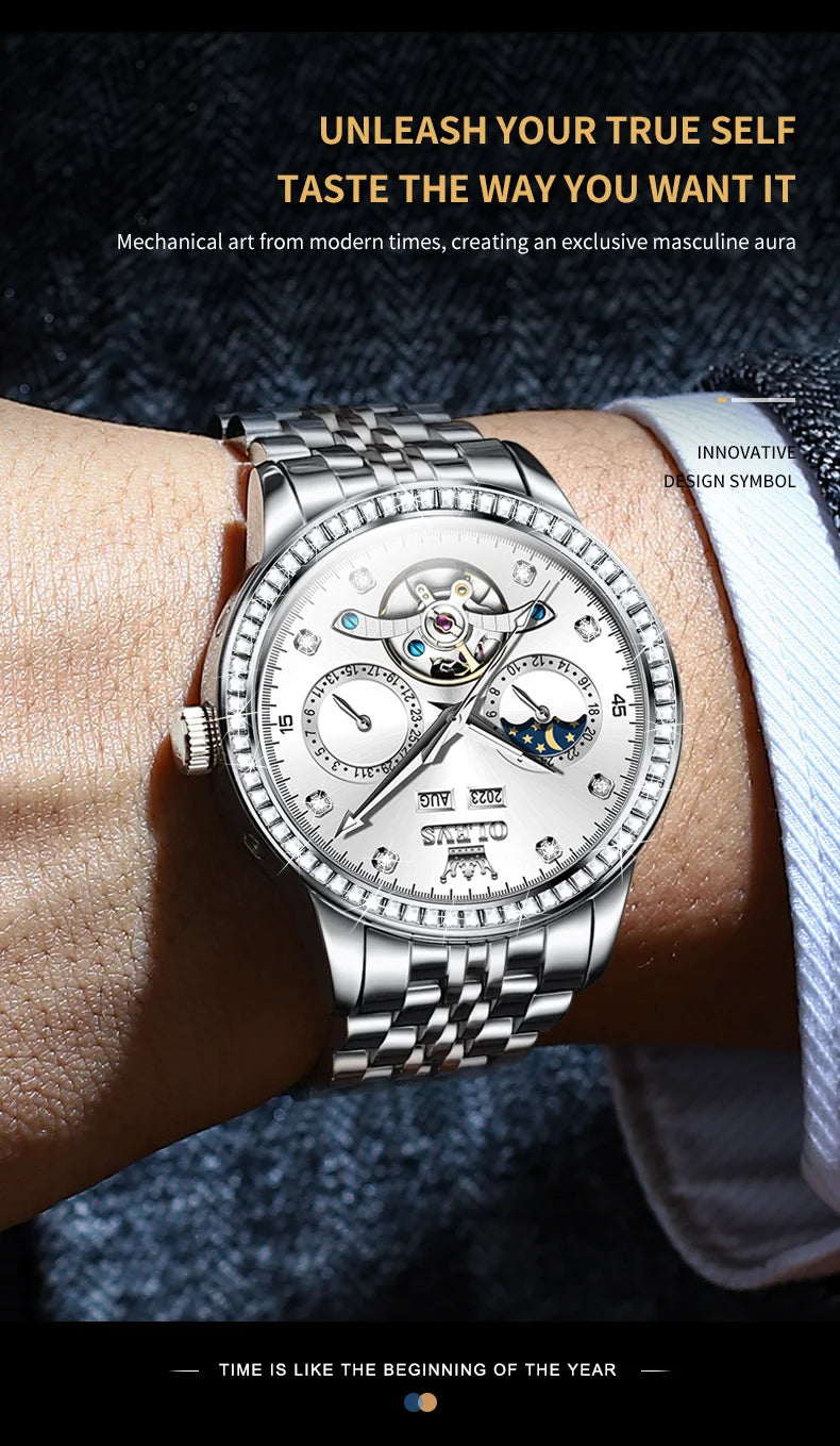 OLEVS 7016 Luxury Automatic Watch Men Skeleton Tourbillon Moon Phase Calendar Waterproof Stainless Steel Mechanical Wristwatch