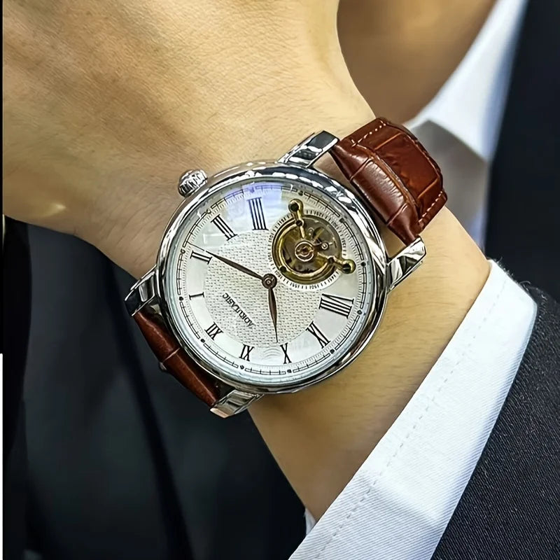 Automatisch mechanisch herenhorloge – Elegant opengewerkt ontwerp, trendy ‘business casual’-stijl, behuizing van legering en leren band, zonder batterij