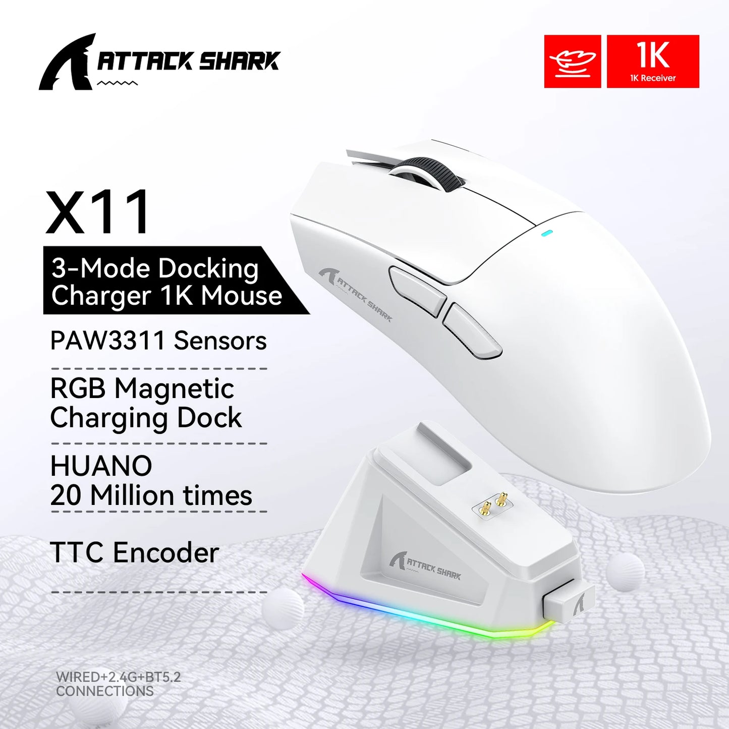 ATTACK SHARK X11 Tri-Mode Lightweight Gaming Mouse with PAW3311, 22000DPI, 400IPS, 40G, 59g, Magnetic Fast Charging, RGB Backlight