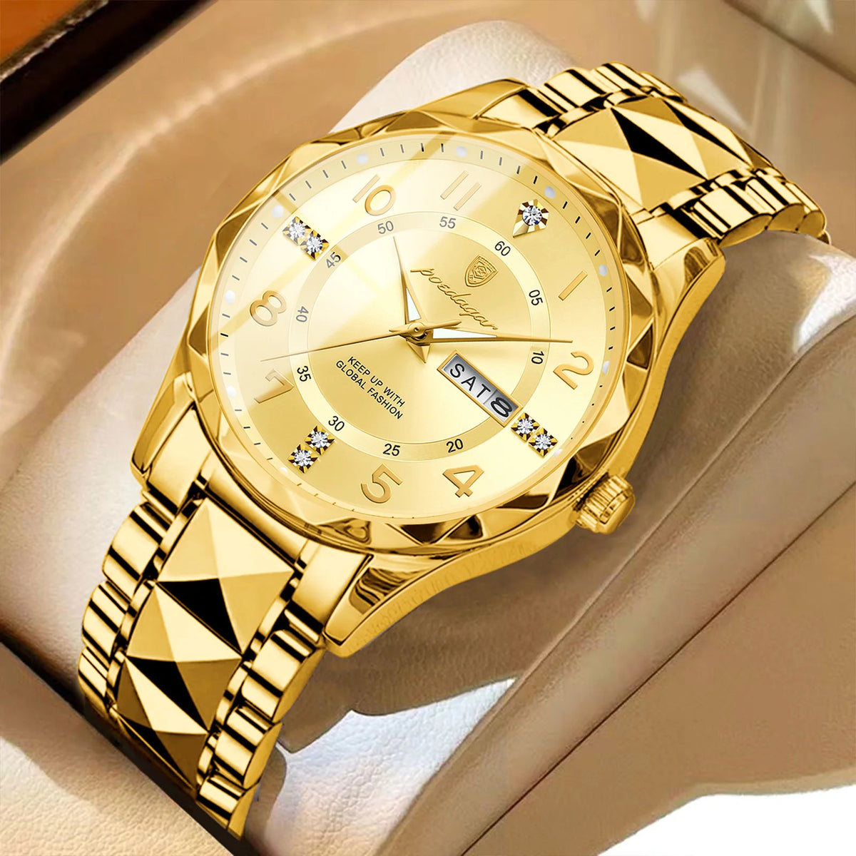 POEDAGAR Fashion Luxury men’s watch, water-resistant, luminous, quartz, stainless steel strap, date and day of the week, casual style.