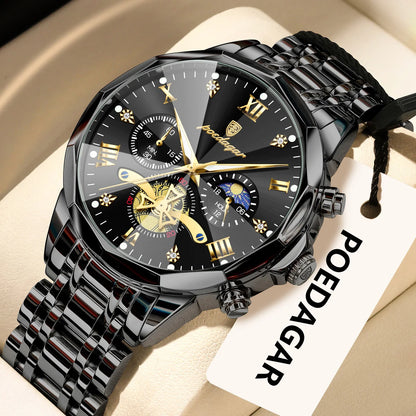 Originele luxe POEDAGAR herenhorloge, waterdicht, chronograaf met verlichting, roestvrijstalen quartz-polshorloge, hoogwaardige herenhorloges