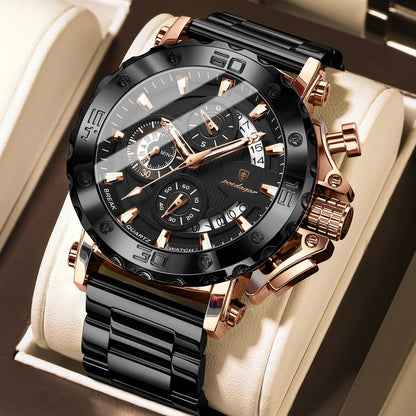 POEDAGAR Herren-Luxusuhr, leuchtend, wasserdicht, Chronograph, Datumsanzeige, Edelstahl, Quarz, Reloj