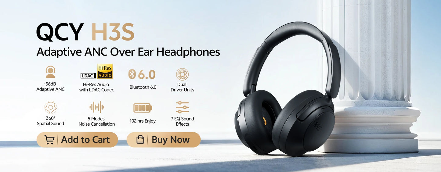 Auriculares circumaurales QCY H3S ANC Bluetooth 6.0 – Audio espacial Hi-Res LDAC, cancelación de ruido adaptativa de -56dB, auriculares inalámbricos