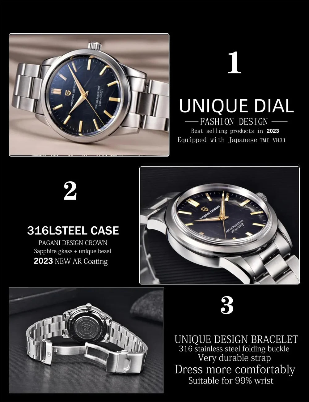 PAGANI DESIGN 40MM Meteorite Dial Men's Quartz Watches Luxury Business Sapphire 316L Stainless Steel 100M Waterproof Watch for Men