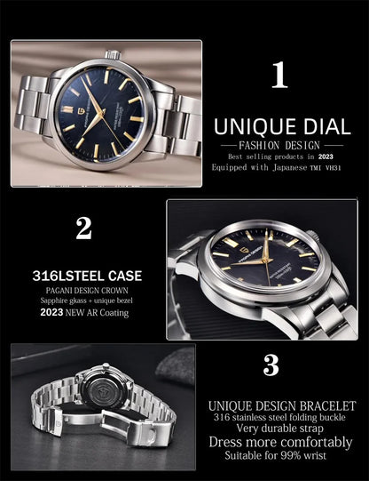 PAGANI DESIGN 40MM Meteorite Dial Men's Quartz Watches Luxury Business Sapphire 316L Stainless Steel 100M Waterproof Watch for Men
