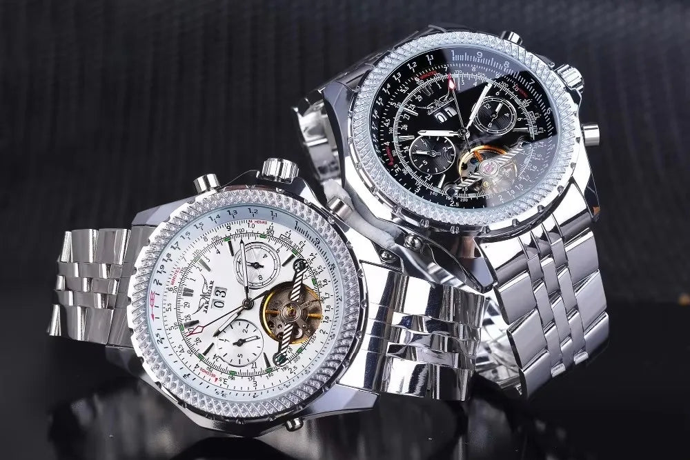 Luxusní retro automatické mechanické hodinky JARAGAR 034, tourbillon, vyprázdněná skeletová konstrukce, nerezová ocel, týdenní kalendář, pánské hodinky