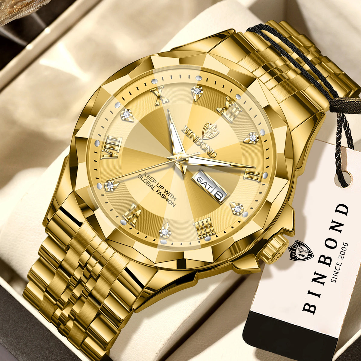 Montre à quartz pour homme BINBOND – Montre-bracelet de luxe, lumineuse et étanche, avec affichage du jour de la semaine et date automatique.
