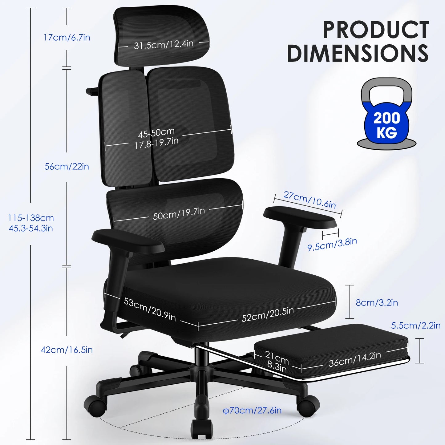 AUTHMIC Ergonomic Office Chair with 6D Adjustable Armrests, 3D Headrest, Lumbar Support, Reclining Mesh Desk Chair 200kg Capacity