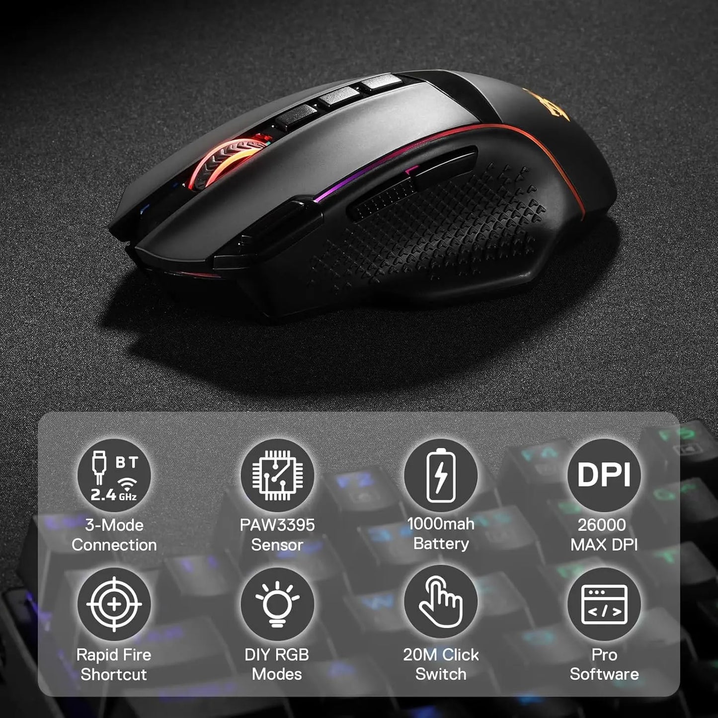Redragon M991 Wireless Gaming Mouse, 26000 DPI Tri-Mode Gaming Mouse, RGB Gaming Mouse with 9 Programmable Buttons, PAW3395 Sensor for PC & Laptop