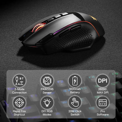 Redragon M991 Wireless Gaming Mouse, 26000 DPI Tri-Mode Gaming Mouse, RGB Gaming Mouse with 9 Programmable Buttons, PAW3395 Sensor for PC & Laptop