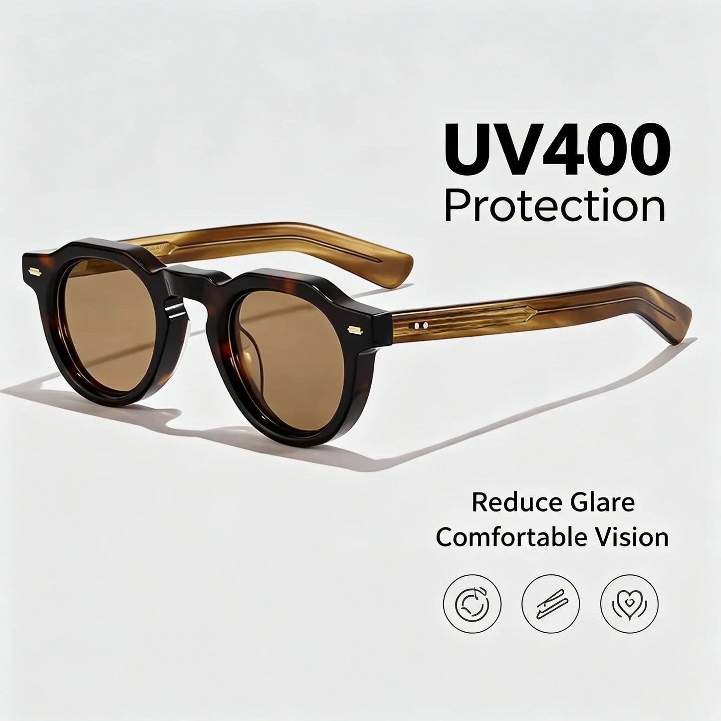 HBK Vintage Simple Round Men Sunglasses Small Frame High-Quality Acetate Frame Sun Glasses Women Party Travel Outdoor Glasses