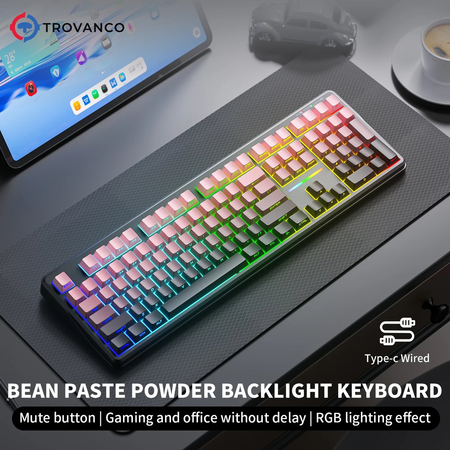 V108 Pro Bluetooth Keyboard  Office Low Noise 2.4G Wired&Wireless Full Layout with RGB Backlit Membrane