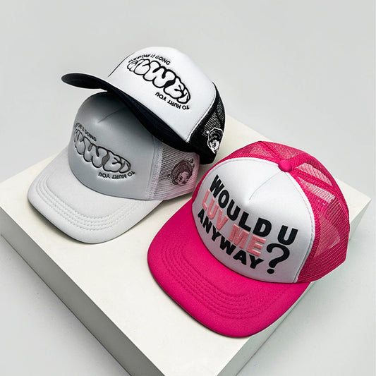Novos bonés de basebol unissexo com blocos de cor, estampado com letras e bordado, estilo hip-hop, em malha respirável, com pala para proteção solar, bonés trucker urbanos e versáteis