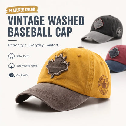 Casual Washed Denim Look Maple Leaf Patch Cap Adjustable Two Tone Outdoor Sport Baseball Hat for Daily Wear