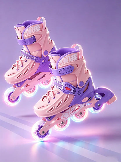 Patins em Linha para Rapaz, Pretos, Tamanho Ajustável, Rosa para Rapariga, Rollerblades Desportivos para Criança, Alta Velocidade, Novos, LED Luminoso, Profissionais
