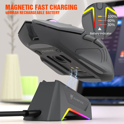 Mouse wireless Bluetooth dual-mode XUNSVFOX H2 con effetti di illuminazione RGB, per laptop, gaming e ufficio, ricarica magnetica