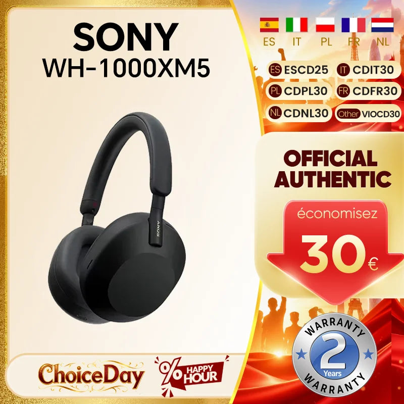 Auriculares Sony WH-1000XM5 inalámbricos con cancelación de ruido – Casco HiFi prémium supraaural Bluetooth 5.2 con transductor de 30mm, micrófono y batería de larga duración