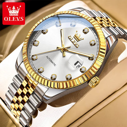 OLEVS New Automatic Watches Man Original Luxury Diamond Dial Stainless Steel Waterproof Auto Date Mechanical Watch for Men 6743