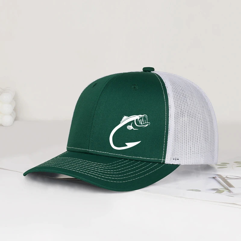 Bass Fish Hook Print Trucker Hat Podesiva uniseks kapa s mrežicom za pecanje, ventilator i sunce