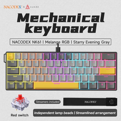 Teclado mecânico gaming com fios AJAZZ NK61 60% RGB hot-swappable, 61 teclas, switch vermelho, mini teclado para PC gamer