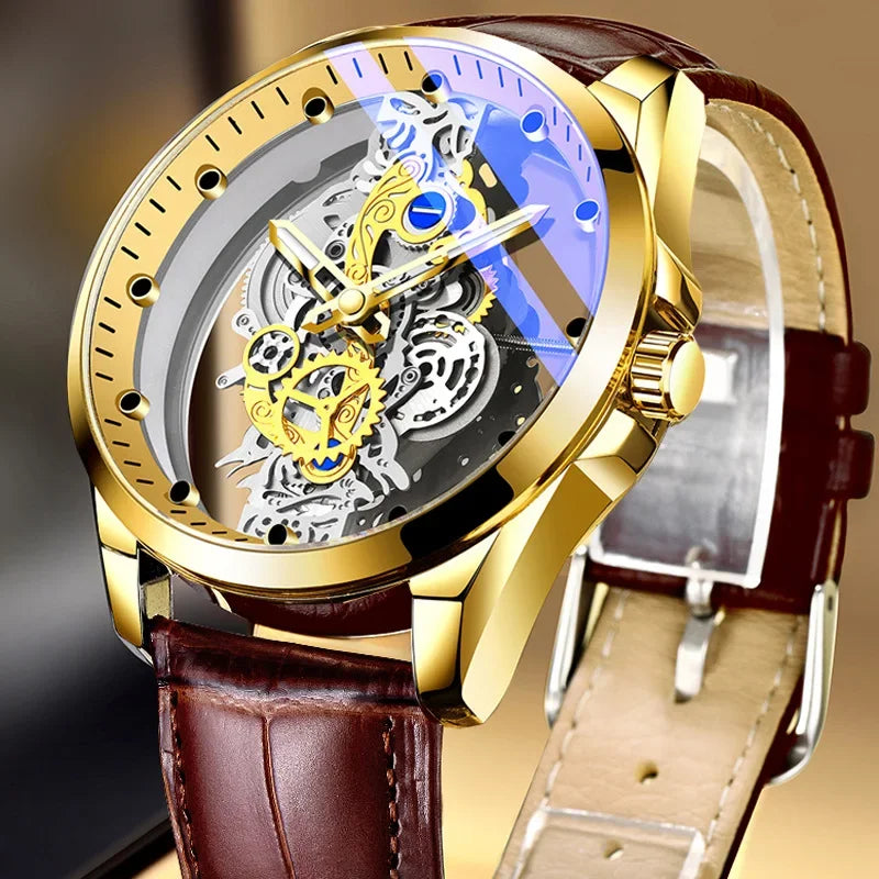 Trendige Herrenuhr, Modell mit doppelter Öffnung, luxuriöser goldfarbener Stil, mechanische Tourbillon-Imitation, Quarzwerk.