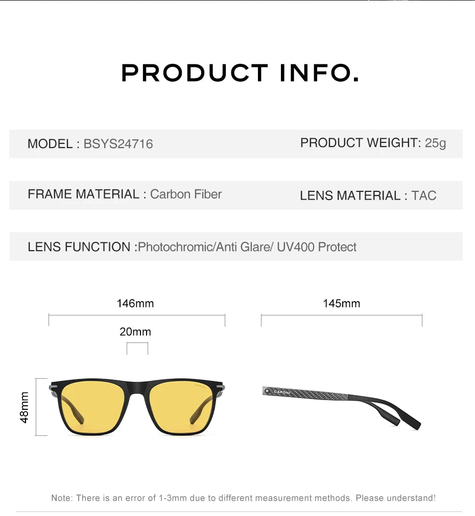 CAPONI Night Vision Men Sunglasses Original Designer High Quality Carbon Fiber Yellow Sun Glasses Photochromic Eyewear BSYS24716