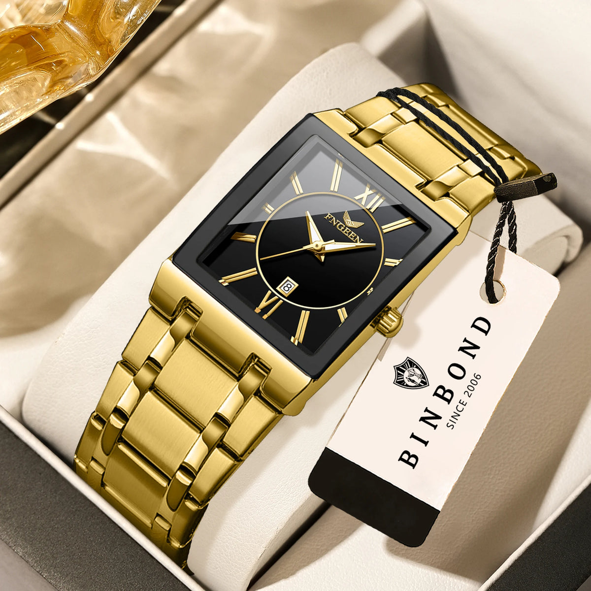 Montre-bracelet de luxe BINBOND à quartz précis pour homme, lumineuse, étanche, date automatique, en acier inoxydable durable, style décontracté.