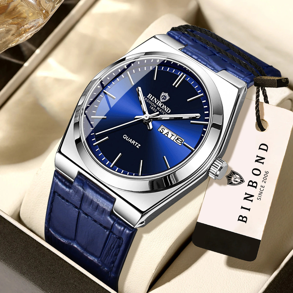 Montre-bracelet à quartz BINBOND de luxe avec bracelet en cuir, précise, lumineuse, étanche, affichage automatique de la date et du jour de la semaine, durable, pour homme.
