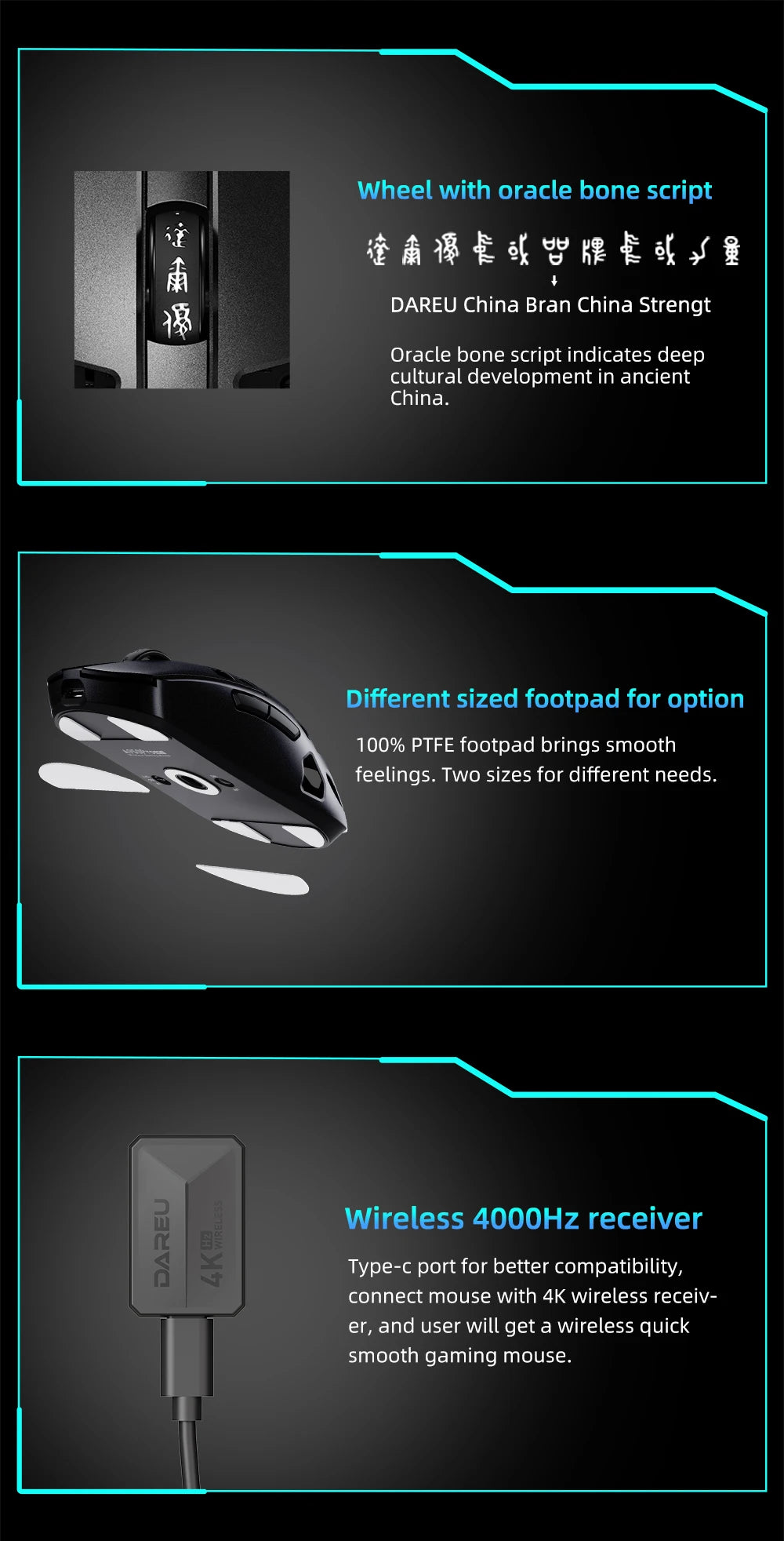 Mouse da gaming wireless DAREU Al-mg Tri-mode 8Khz PBT con ricarica rapida, PAW3950, 30000 DPI, leggero, per PC gamer