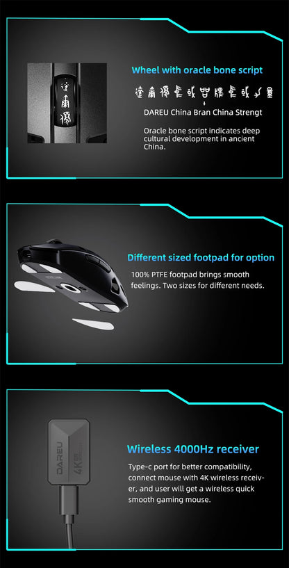 Mouse da gaming wireless DAREU Al-mg Tri-mode 8Khz PBT con ricarica rapida, PAW3950, 30000 DPI, leggero, per PC gamer