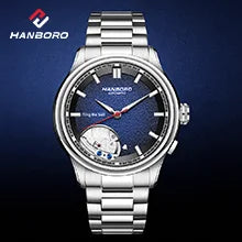 Montre mécanique pour homme HANBORO – Mouvement automatique, alarme, sonnerie horaire, étanche jusqu'à 100 m, verre saphir, boîtier en acier, style élégant et unique.