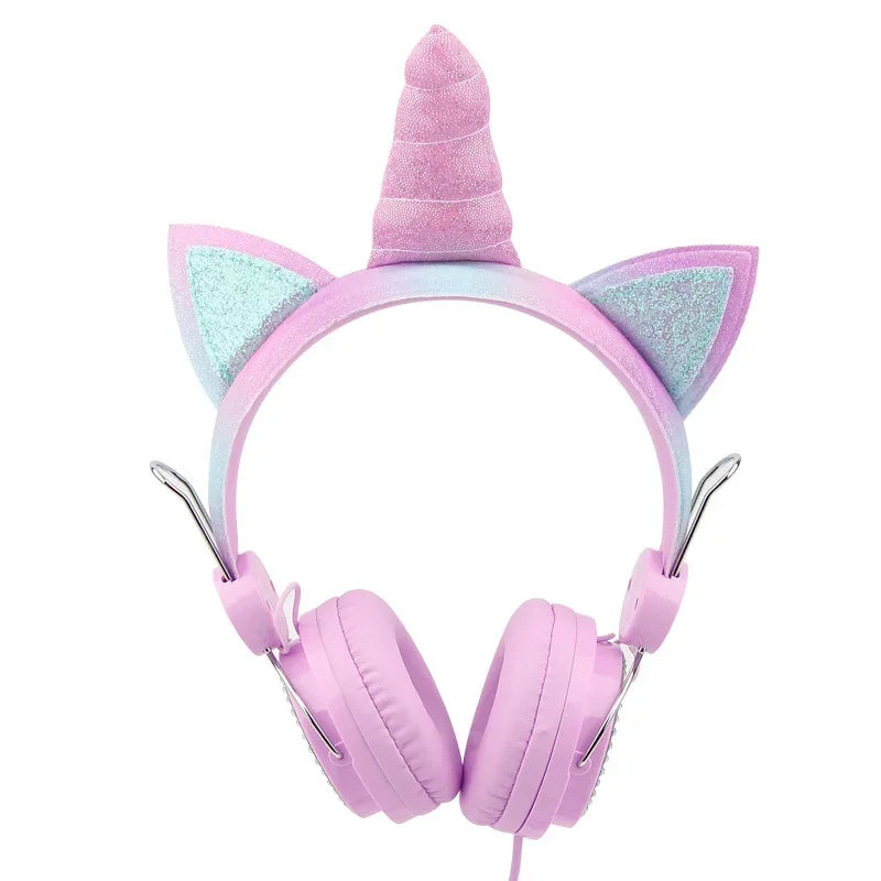 Casque filaire pour enfants, avec oreilles de chat et microphone, oreilles en peluche de licorne, idéal pour les cours en ligne, les jeux vidéo, les étudiants, les filles et les garçons.