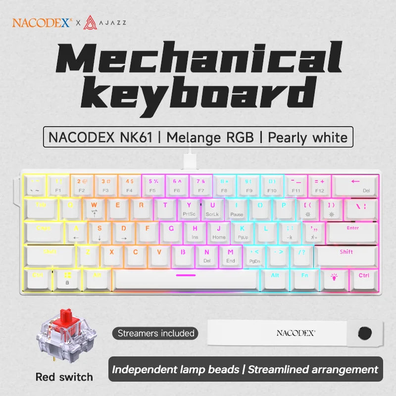 Teclado mecânico gaming com fios AJAZZ NK61 60% RGB hot-swappable, 61 teclas, switch vermelho, mini teclado para PC gamer