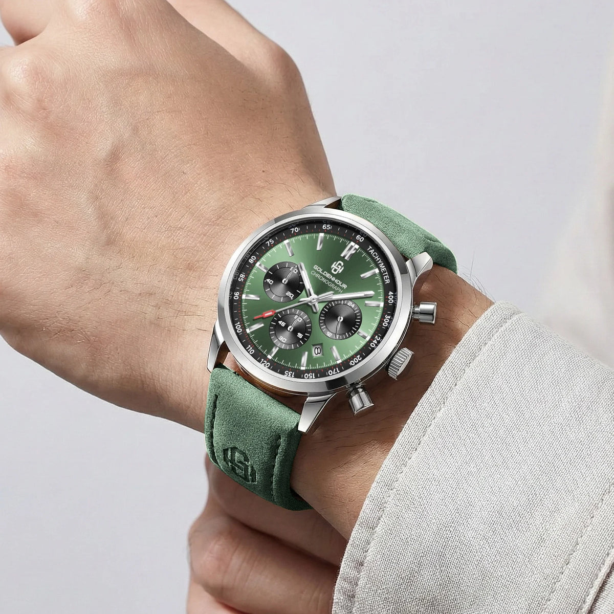 GOLDENHOUR luxury men’s watch – Quartz chronograph, green dial, leather strap, water-resistant, luminescent, military and sporty style