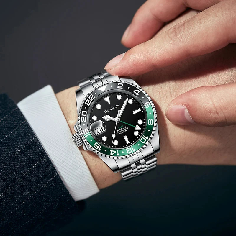 GUANQIN GMT Reloj para hombre 2025 nuevo reloj automático para hombre NH34 reloj mecánico de pulsera con cristal de zafiro y acero inoxidable para mano izquierda