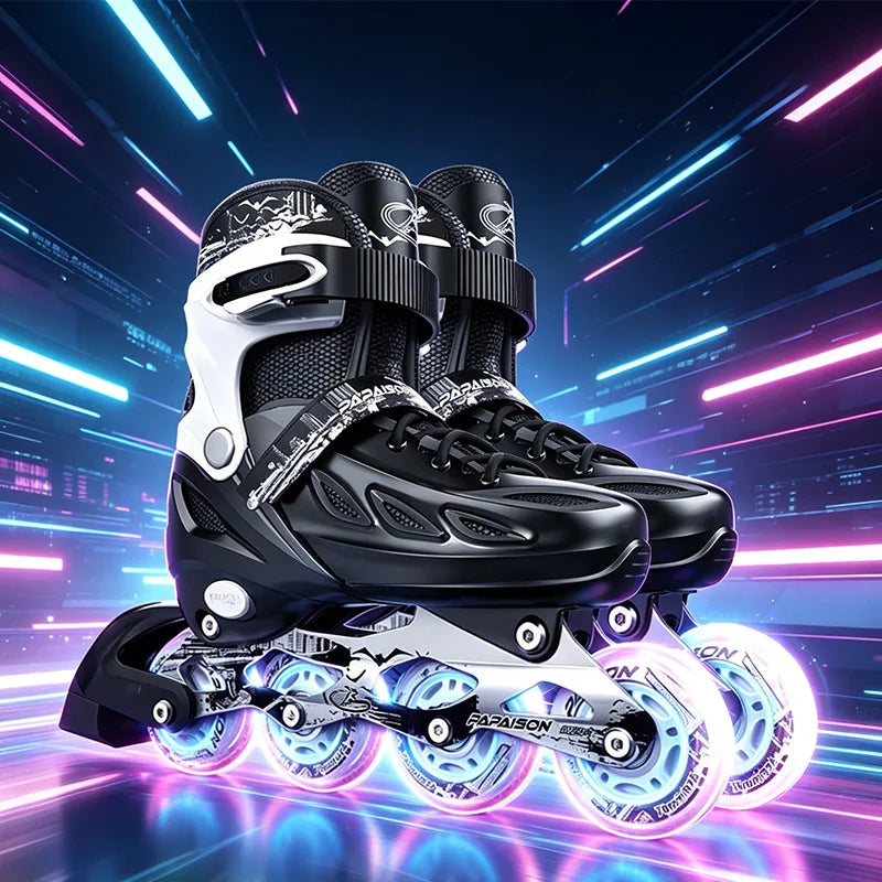 Patins em Linha para Rapaz, Pretos, Tamanho Ajustável, Rosa para Rapariga, Rollerblades Desportivos para Criança, Alta Velocidade, Novos, LED Luminoso, Profissionais