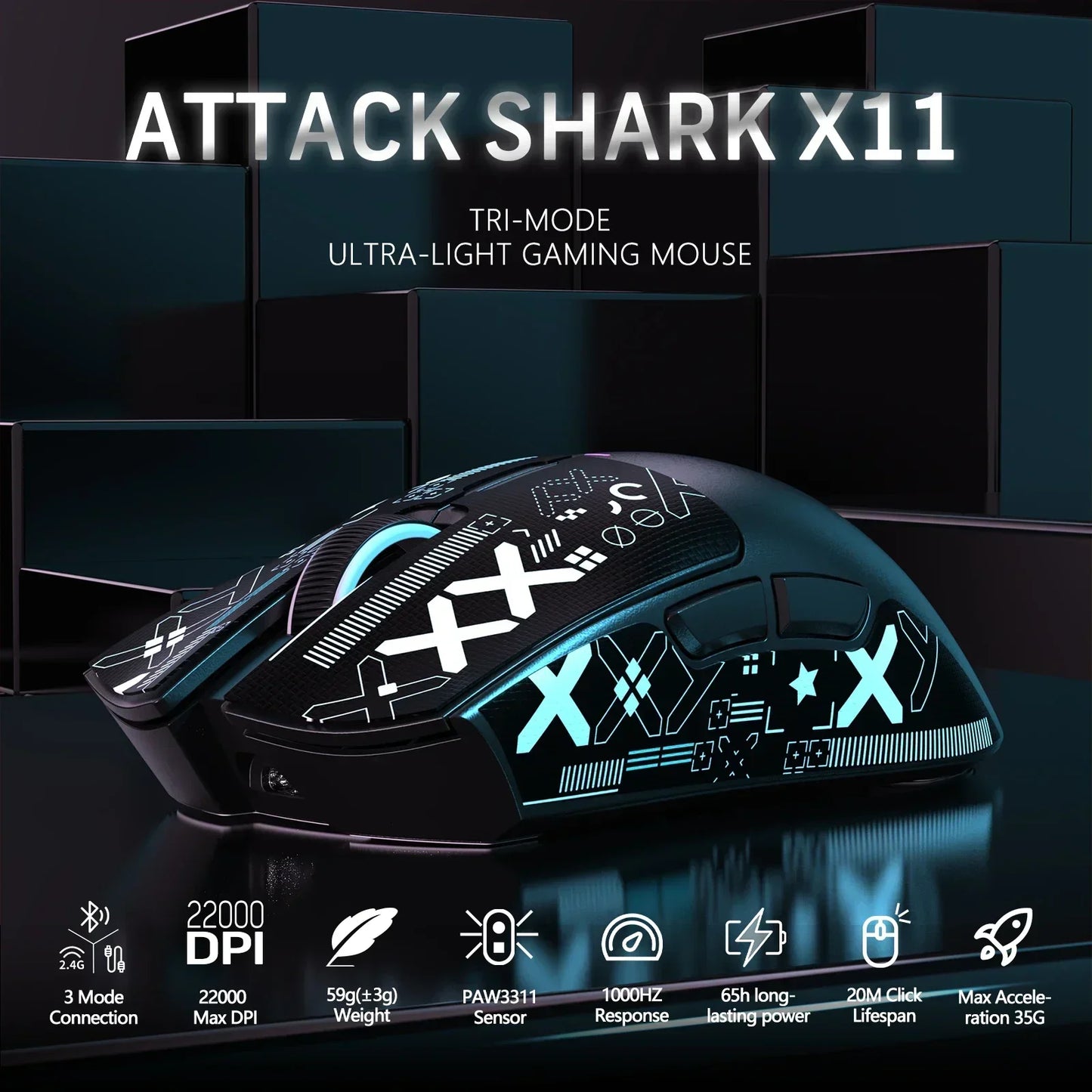 Original Brand ATTACK SHARK X11 Wireless Gaming Mouse Charging Dock PixArt PAW3311 Gaming Sensor, Origin BT/2.4G Wireless/Wired