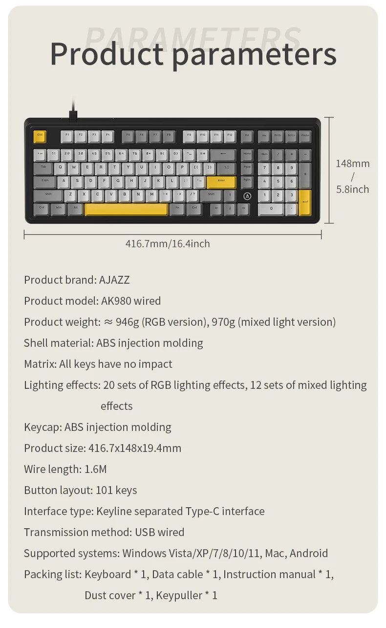 AJAZZ AK980 Wired Mechanical Keyboard Hot Swap Gasket RGB Low Noise Ergonomics Office Gaming Keyboard Customized PC Accessories