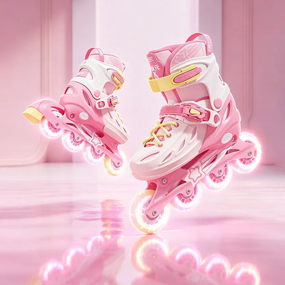 Patins em Linha para Rapaz, Pretos, Tamanho Ajustável, Rosa para Rapariga, Rollerblades Desportivos para Criança, Alta Velocidade, Novos, LED Luminoso, Profissionais
