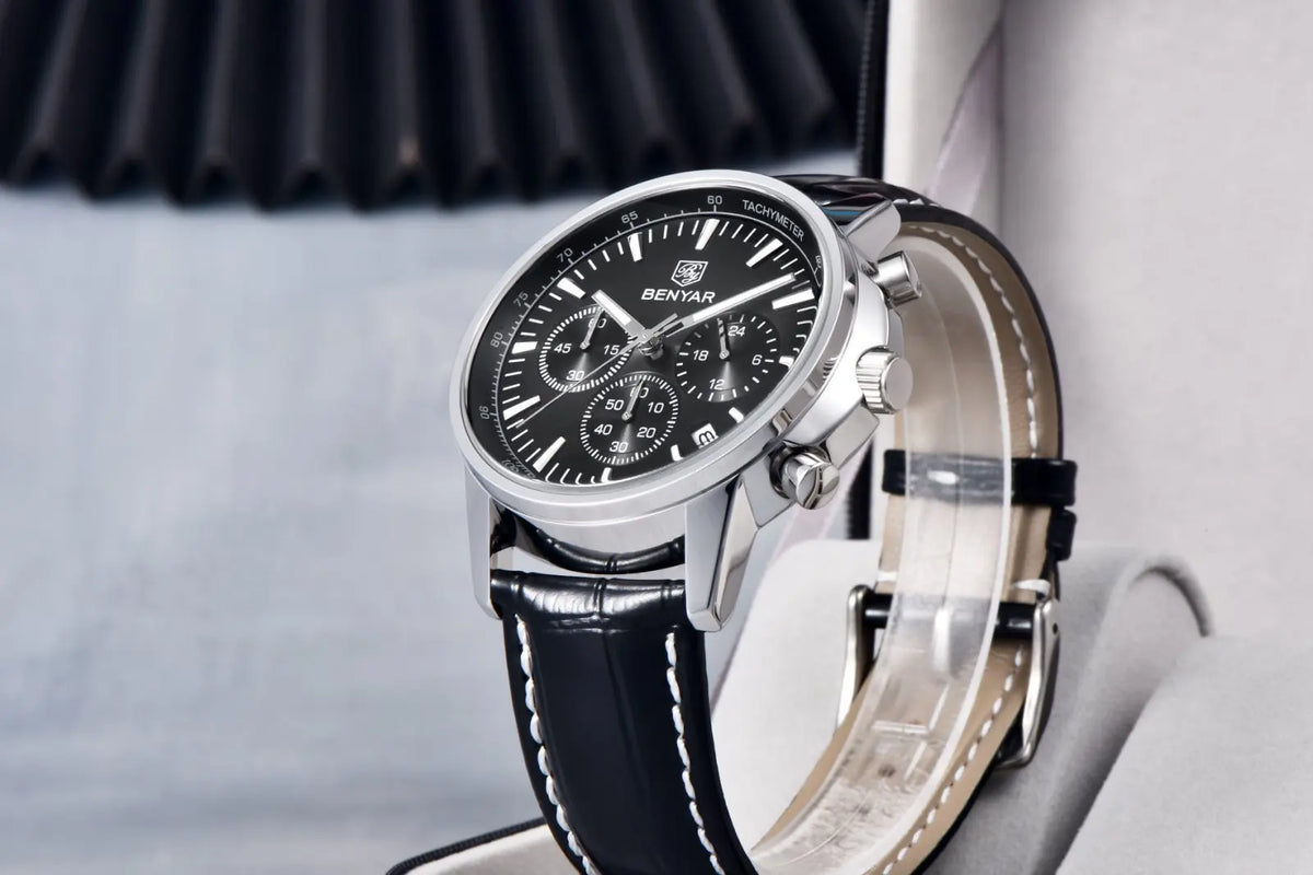 Benyar Luxus-Herrenuhr – Chronograph mit Datumsanzeige, Lederarmband, wasserdicht, leuchtend, sportlicher und militärischer Stil, Quarzuhr