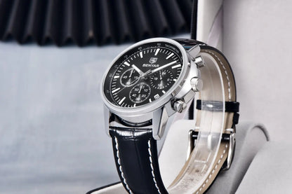 Benyar Luxus-Herrenuhr – Chronograph mit Datumsanzeige, Lederarmband, wasserdicht, leuchtend, sportlicher und militärischer Stil, Quarzuhr