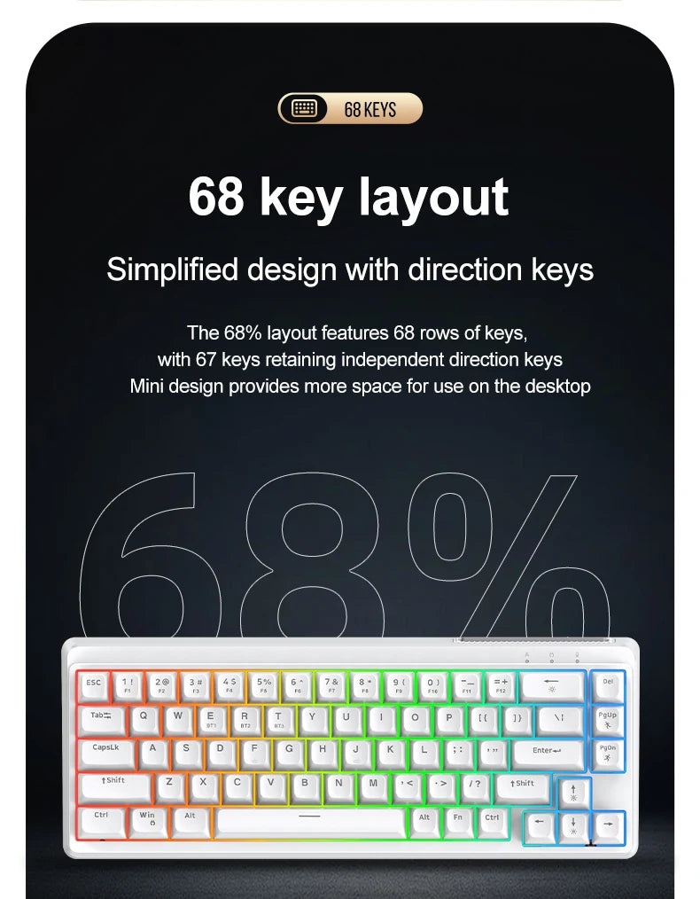 FREEWOLF M68SE tastiera mini cablata a 68 tasti, retroilluminazione RGB, Type-C, layout 68%, compatta, per gaming, ufficio, PC e laptop