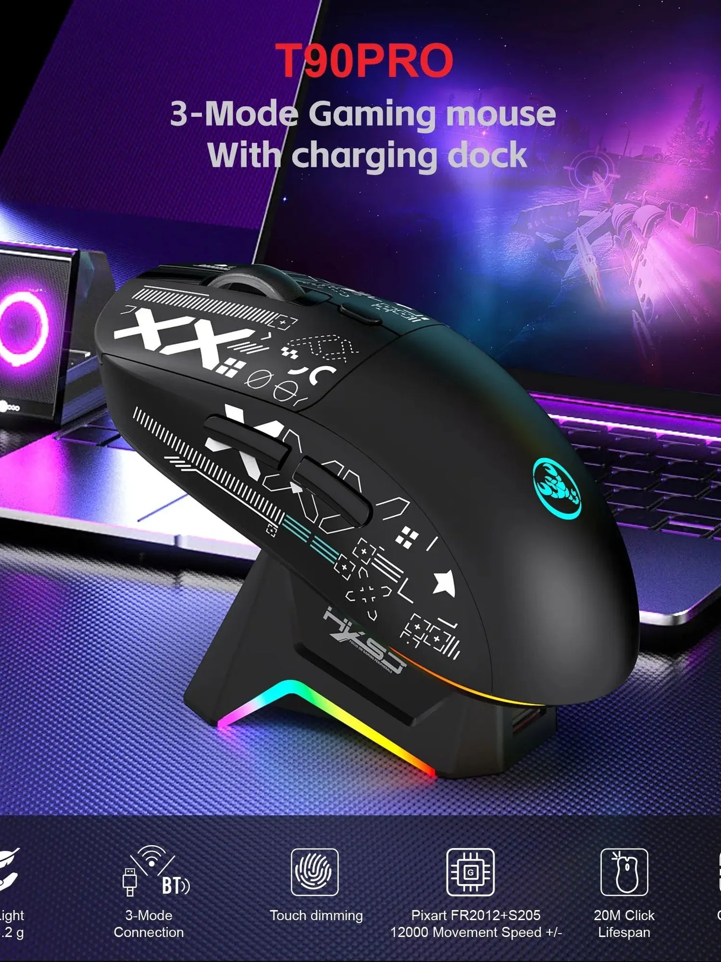 RGB Wireless Gaming Mouse With Charging Dock 3-Mode Connection Silent Buttons Long-Lasting Rechargeable Battery for PC Laptop