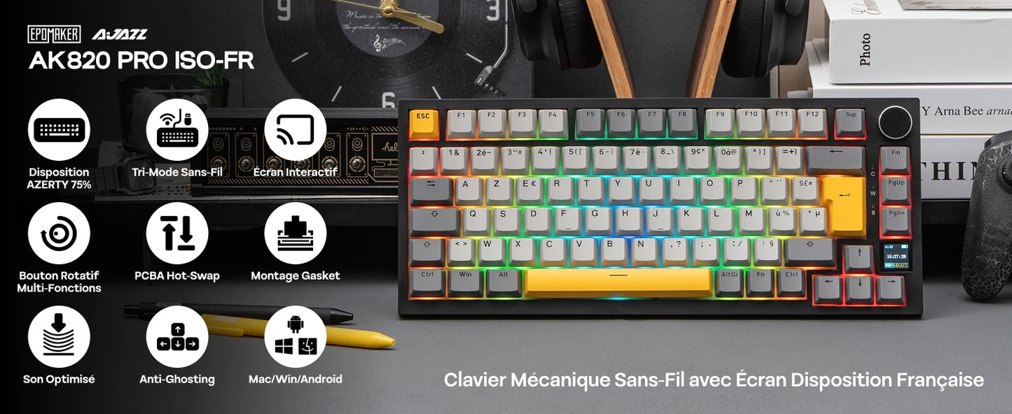 Distribución ISO-FR EPOMAKER X AJAZZ AK820 PRO 75% AZERTY francés, teclado mecánico hot-swap con cable/BT/inalámbrico 2.4GHz para Win/Mac/PC