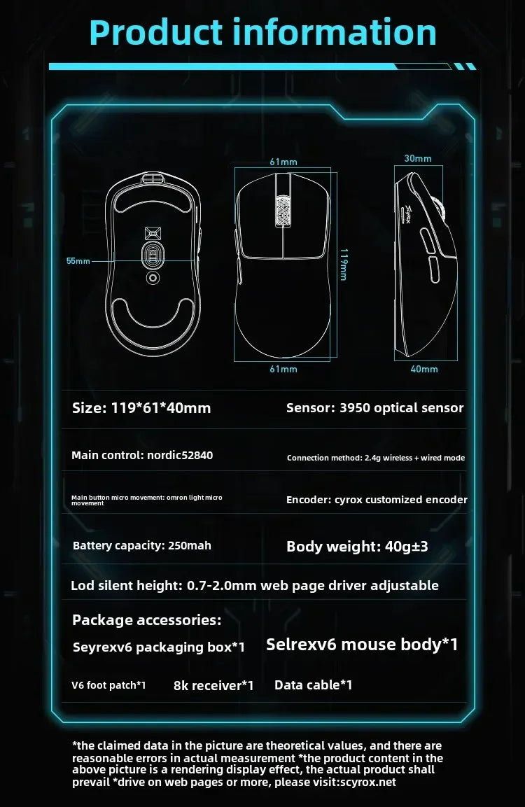 SCYROX V6 non-porous wireless mouse esports 40g 750IPS with 8k receiver fast response pixart 3950 high quality 8KHz web driver